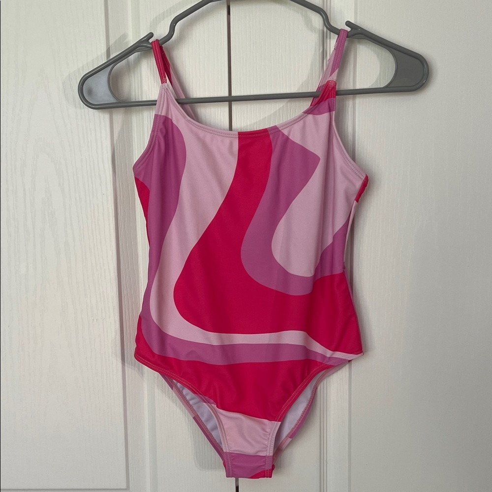 Vibrant Pink Patterned Kids Swim One Piece